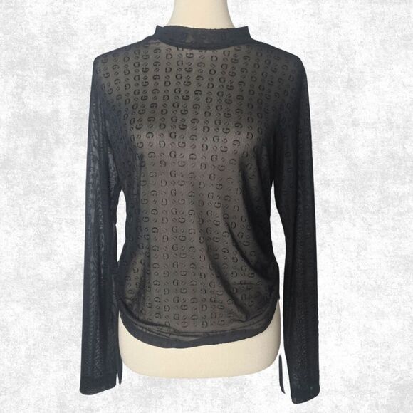 Guess Black Sheer Mesh Monogram Top – Edgy Long Sleeve Festival Layering XL - Picture 2 of 7